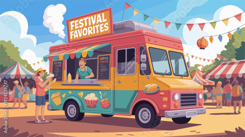 Vibrant food truck at lively outdoor festival with colorful decorations and festive atmosphere