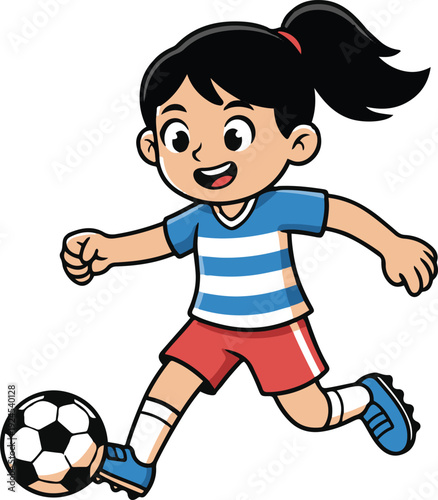 A flat cartoon vector illustration of an active young girl with dark hair in a ponytail running and dribbling a soccer ball.