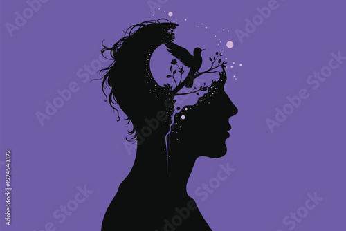 Head Silhouette Bird Flight from Blossoming Brain: Child Trauma Freedom, Mind Growth