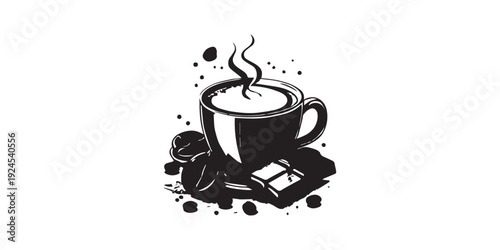 Steaming Cup of Coffee with Chocolate and Coffee Beans.