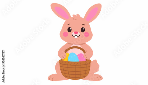 Charming pink Easter bunny holding a wicker basket filled with colorful painted eggs. A cute cartoon character for spring holiday celebrations and festive designs
