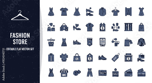 Fashion store editable vector icon set with various clothing items and accessories on dark and white background