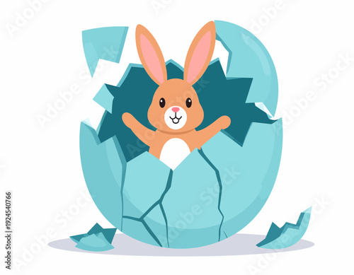 Cheerful cartoon rabbit joyfully emerging from a cracked blue Easter egg, symbolizing springtime new beginnings and holiday surprise, isolated on a white background, perfect for festive designs