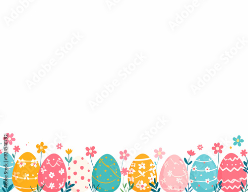 A cheerful Easter holiday background featuring a decorative border of colorful painted eggs and spring flowers with copy space