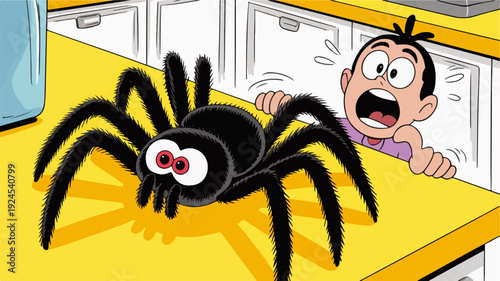 Cartoon child screaming in fear at a giant spider on a yellow kitchen countertop with white cabinets