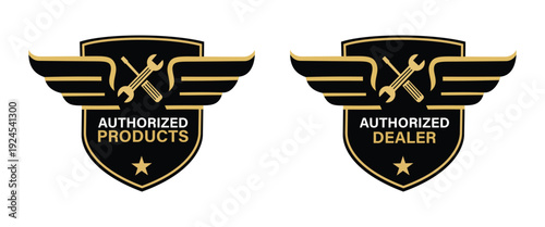 Authorized Dealer and Products Shield Logo with Gold Wings, Crossed Wrenches, for Automotive Service and Industrial Hardware Branding