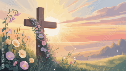 Cross adorned with flowers at sunset in serene landscape with rolling hills and vibrant sky
