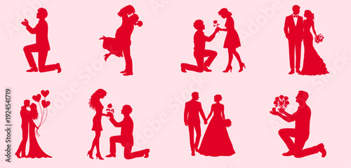 Valentine’s Day red silhouette set of marriage proposal scenes with man kneeling with ring and flowers, couple hugging with heart balloons, bride and groom wedding poses