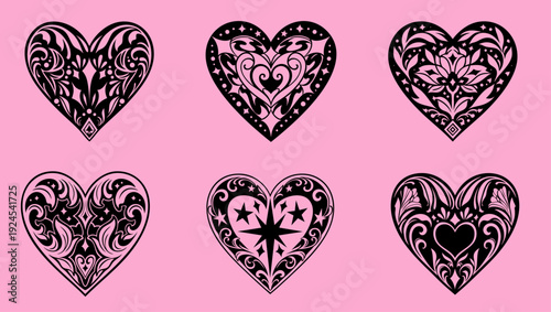 Gothic Ornamental Heart Silhouette Set. Bold Black Romantic Love Symbols with Floral Swirls, Starburst and Folk Tattoo Inspired Cutout