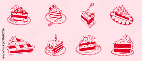 Valentine’s Day Pink Cake Slice Set – Strawberry, Chocolate and Pumpkin Cream Layered Desserts with Buttercream Frosting, Whipped Topping, Hearts