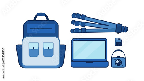 Blue photography equipment essentials icon on white background