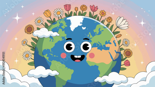 Smiling earth with flowers and clouds in colorful sky symbolizing happiness and environmental care