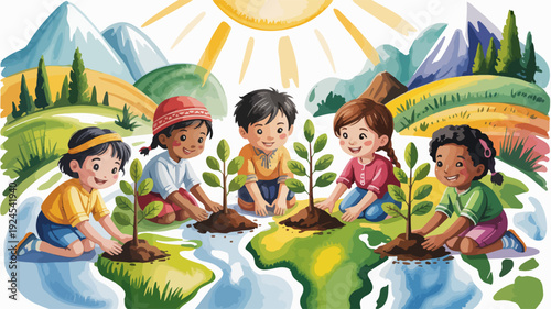 Diverse children planting trees on globe symbolizing environmental conservation and sustainability with a sunny landscape background