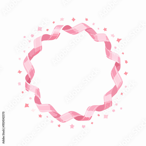 光沢のあるピンクリボンとキラキラの円形装飾フレーム