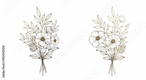 Two delicate line art floral bouquets with subtle color accents.