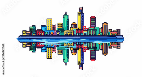 Cityscape reflection showing buildings and water with colorful design.