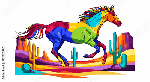 Vibrant Abstract Horse Galloping Through a Colorful Desert Landscape.