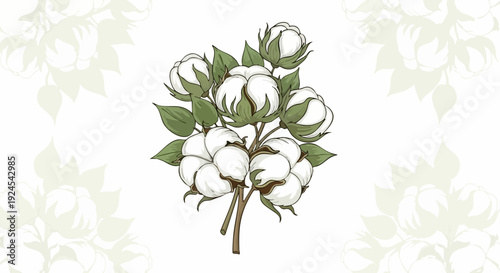 Hand drawn illustration of cotton plant bolls and green leaves.