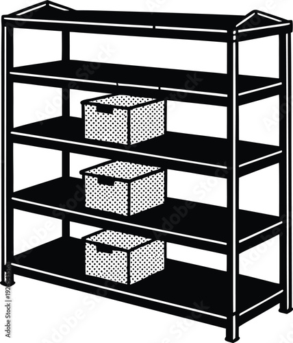 Black shelving unit with storage baskets, organize shelves, store items, display unit