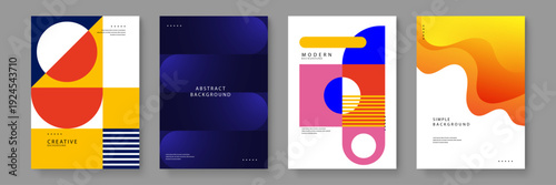 Set of four clean vector backgrounds using Swiss design principles bold shapes primary colors and fluid wave gradients