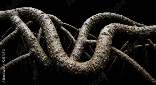Intertwined, textured woody vines create a complex natural structure against a dark background.
