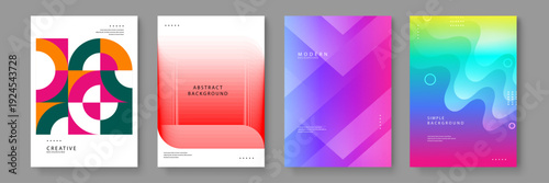 Collection of four abstract background posters featuring geometric shapes vibrant gradients and minimalist line art designs for corporate identity