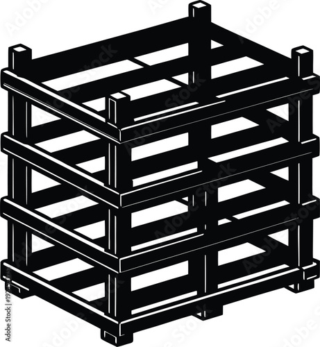 Stackable wooden crates for storage and transportation of goods isolated on transparent background