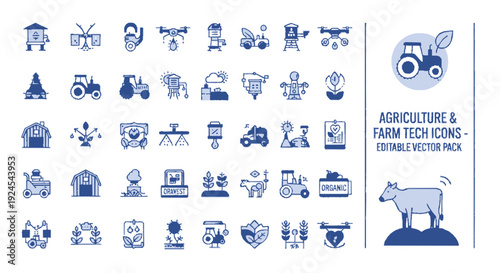Agriculture and farm technology icons set farming and livestock collection with tractor and cow illustrations in blue monochrome style