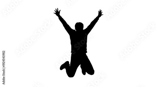 Silhouette of a man jumping with arms raised in joyful excitement in black on for advertising Transparent Background