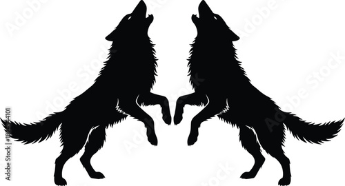 Two howling wolves rearing in mirrored black silhouette illustration, wildlife symbol concept, tribal nature art, wilderness spirit design, isolated on white background