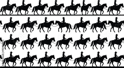 Seamless pattern of cowboy riding horses in black silhouette, western lifestyle illustration, ranch culture concept, equestrian design background, vintage rodeo art isolated on white