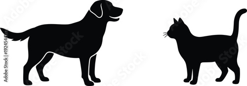 Dog and cat facing each other in clean black silhouette, friendly pet relationship illustration, domestic animals concept, simple minimal design isolated on white background