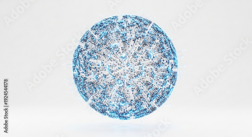 Vibrant blue and white abstract sphere with intricate patterns on a clean white background representing global connections and technology