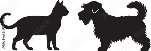 Black silhouette illustration of curious cat facing playful shaggy dog, minimalist pet concept symbolizing friendship, contrast, interaction, animal behavior, companionship isolated on white 