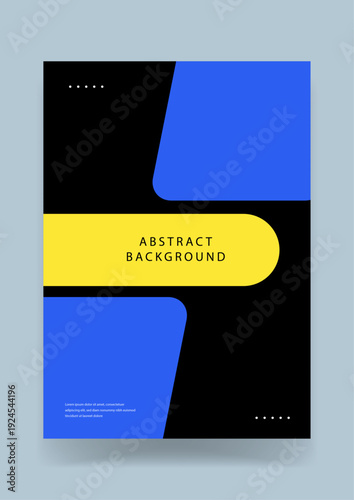 High contrast abstract design featuring rounded blue geometric shapes over a black background with a striking yellow horizontal bar