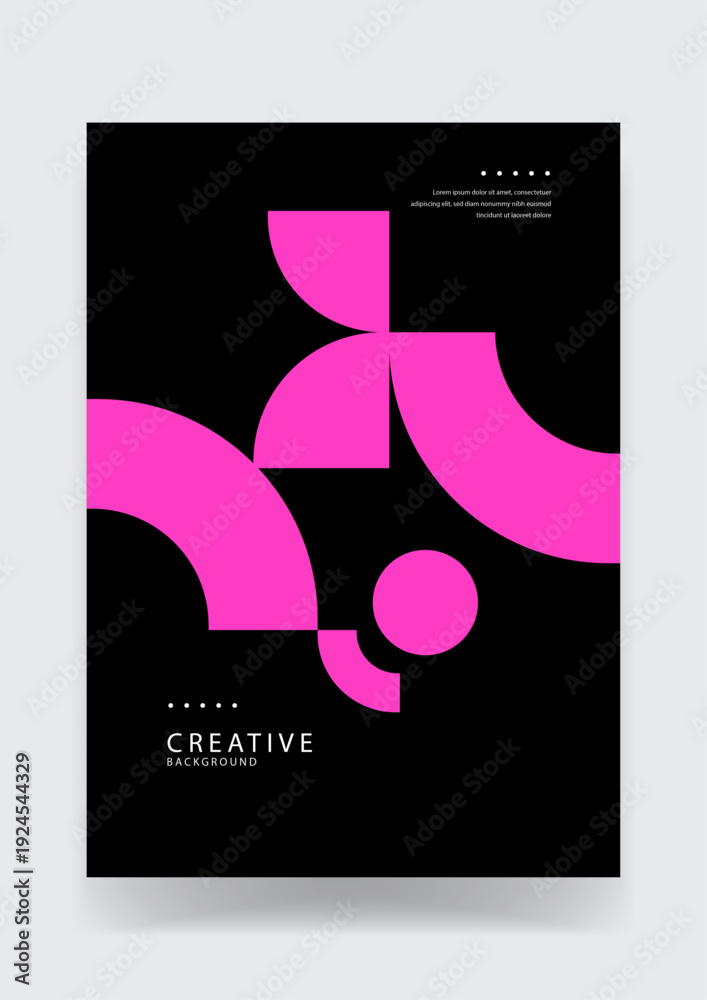 Fototapeta premium Creative abstract poster featuring large magenta pink geometric curves and circles arranged on a solid black background for high contrast
