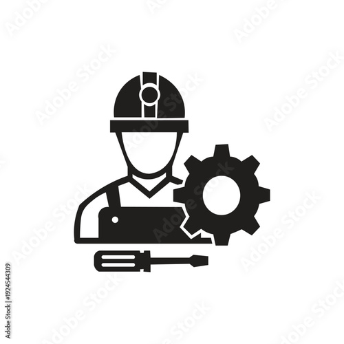 This silhouette illustration of a technician is generally designed in a minimalist, functional style, highlighting mechanical or technical elements. This icon aims to convey expertise in maintenance, 