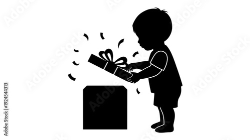 Child Receiving Gift in Simple Silhouette with Black and Contrast in Vector Illustration for Holiday Greeting Transparent Background
