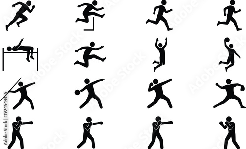 Sport action silhouettes set showing running, jumping, throwing, boxing and athletic movements, black figures illustrating fitness, training, competition, physical activity icons isolated on 