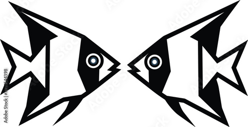 Symmetrical geometric fish silhouette illustration with two abstract angelfish facing each other, bold black and white vector design for logo, tattoo, and decor