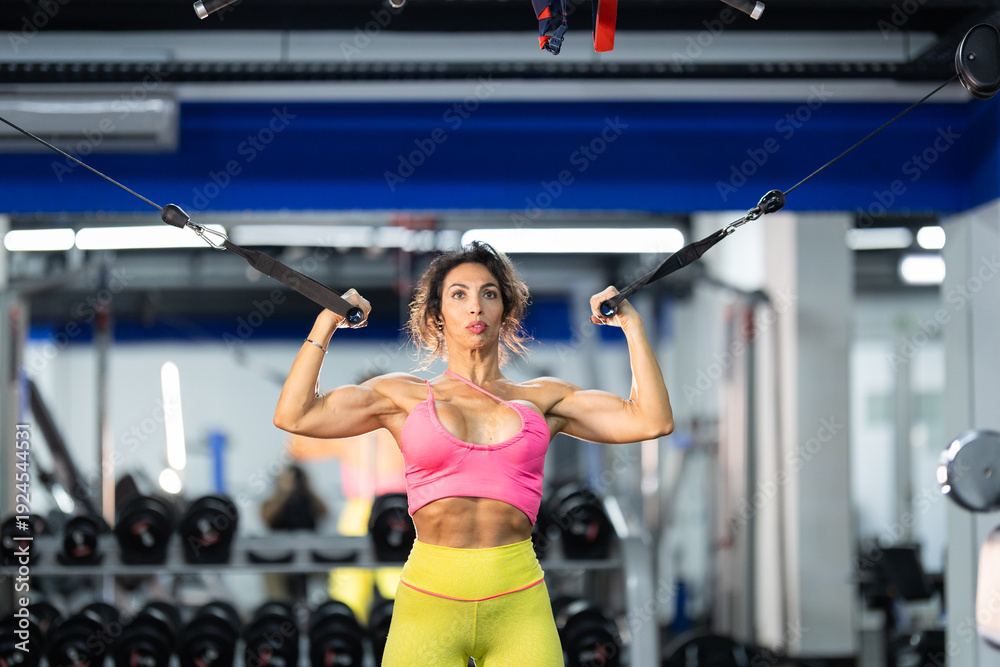 Fototapeta premium Athletic woman training bicep muscles at gym achieving fitness goals