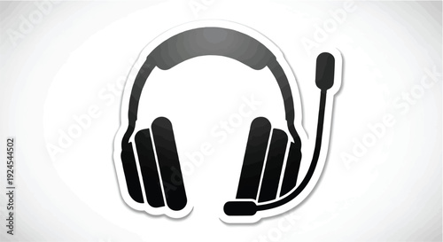 Black headset icon with microphone on white background, symbolizing communication, customer service, and audio technology