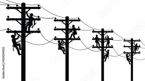 Electric lineman silhouette illustration showing utility workers climbing power poles and repairing overhead lines, black and white vector design for industry, safety, and energy concepts
