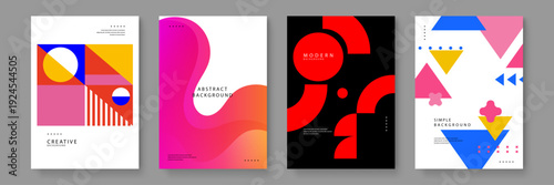 Set of four diverse abstract posters featuring colorful geometric patterns pink fluid waves and bold red minimalist shapes on black