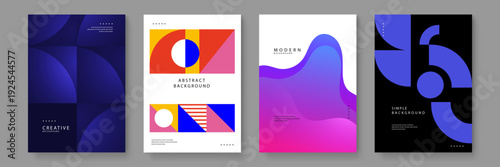 A collection of four professional abstract posters featuring geometric shapes fluid gradients and minimalist design for contemporary branding and events