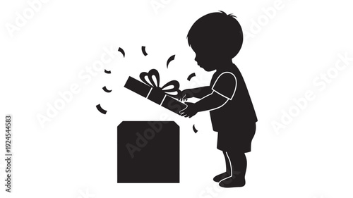 Child unwrapping gift in silhouette style with dramatic black and contrast on plain for greeting card Transparent Background