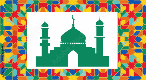 Green Mosque Silhouette with Crescent Moon and Minarets.
