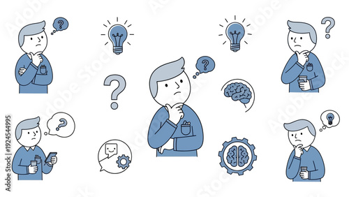 Set of illustrations of a man thinking and having ideas.