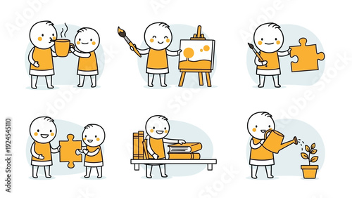 Set of six illustrations depicting people engaged in various hobbies and activities.