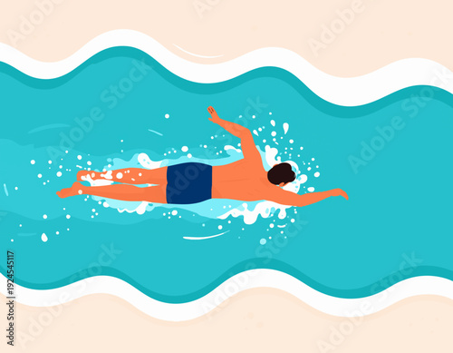 Flat vector illustration of man swimming in shallow ocean water